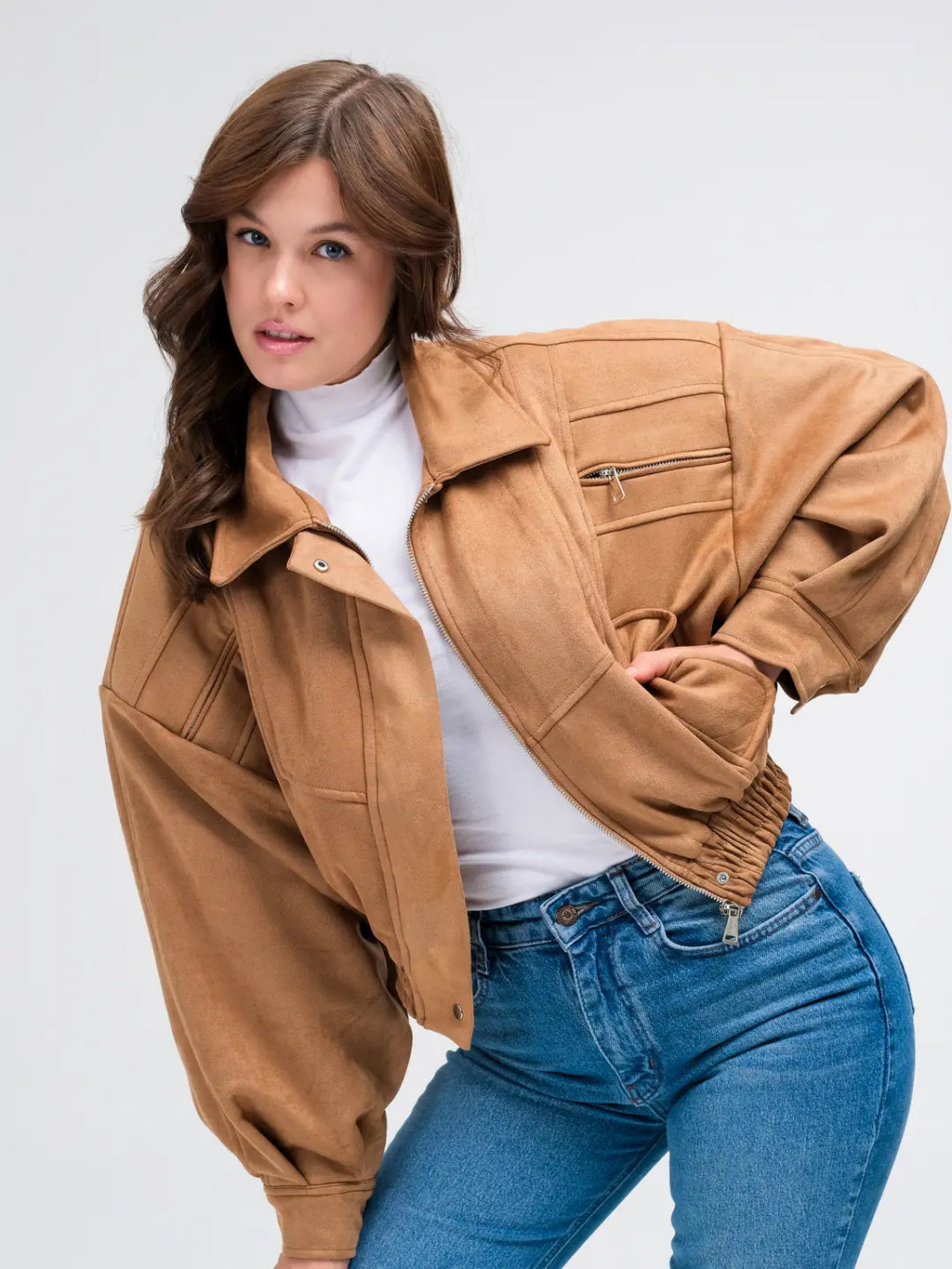 Camel Suede Bomber Ceket