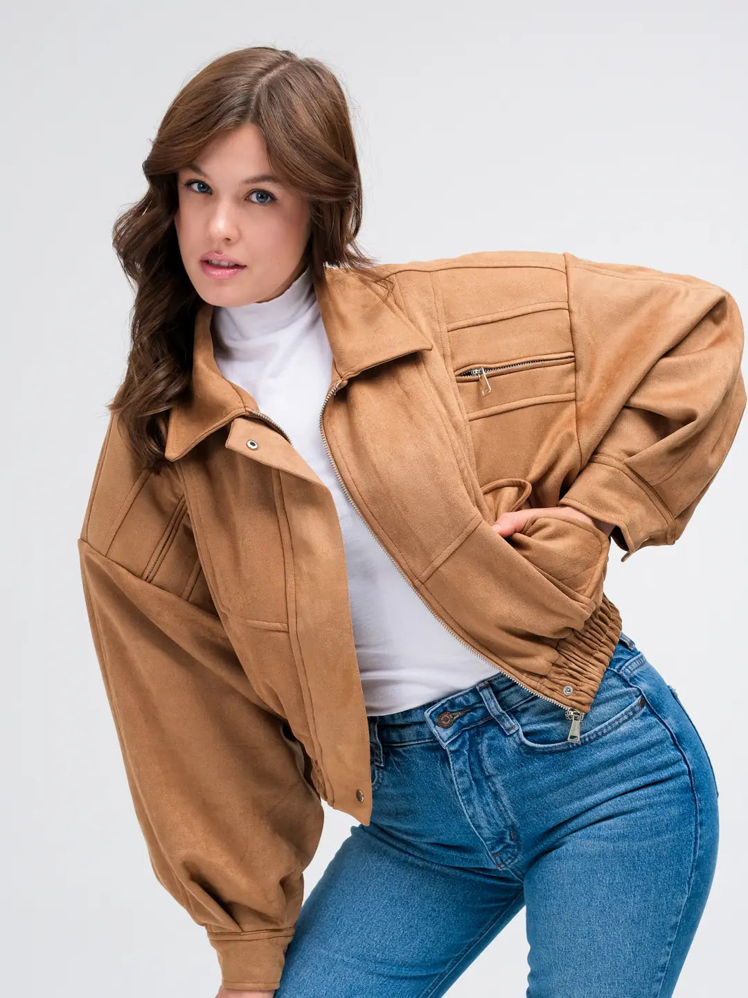 Camel Suede Bomber Ceket