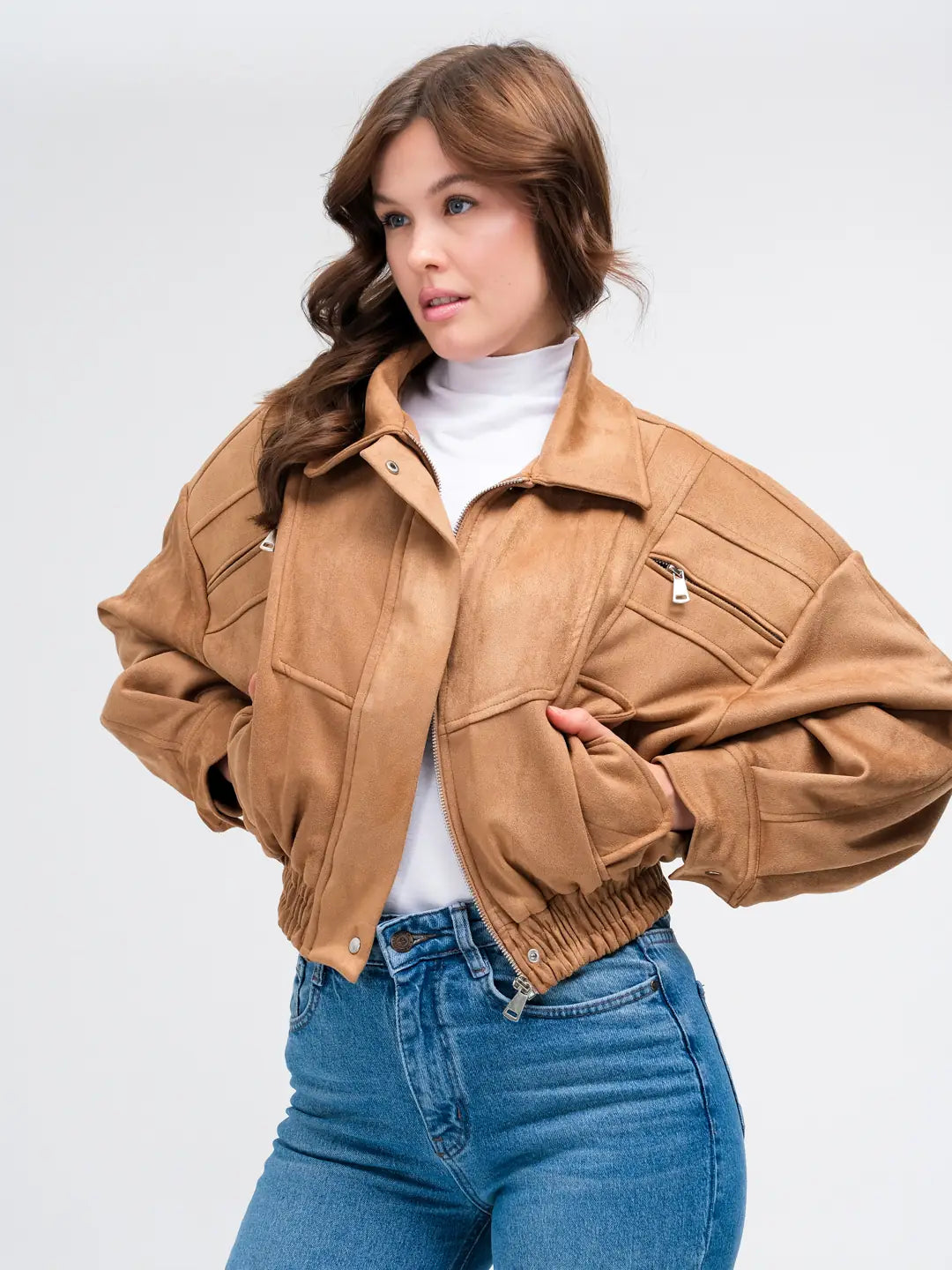 Camel Suede Bomber Ceket