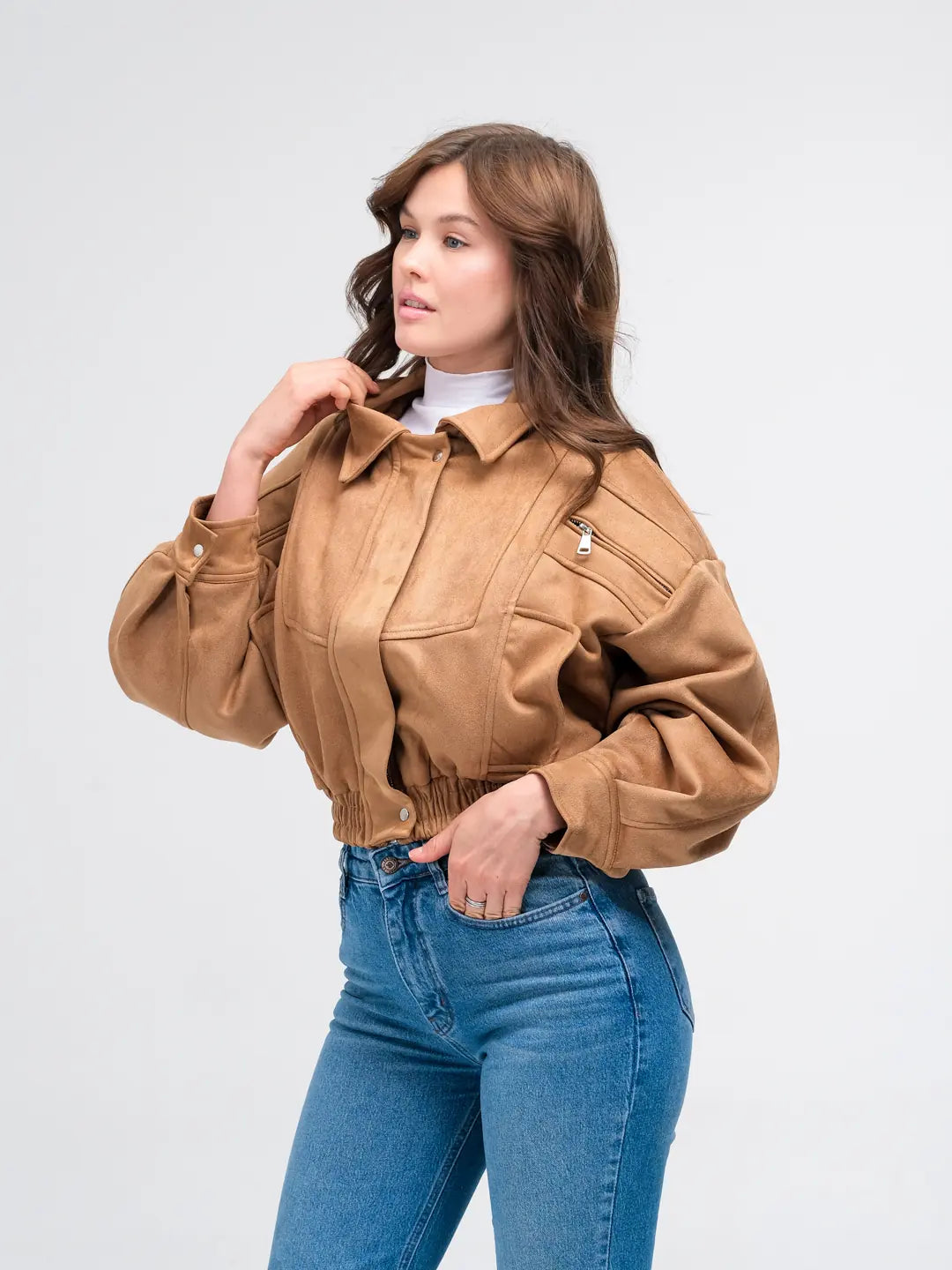 Camel Suede Bomber Ceket