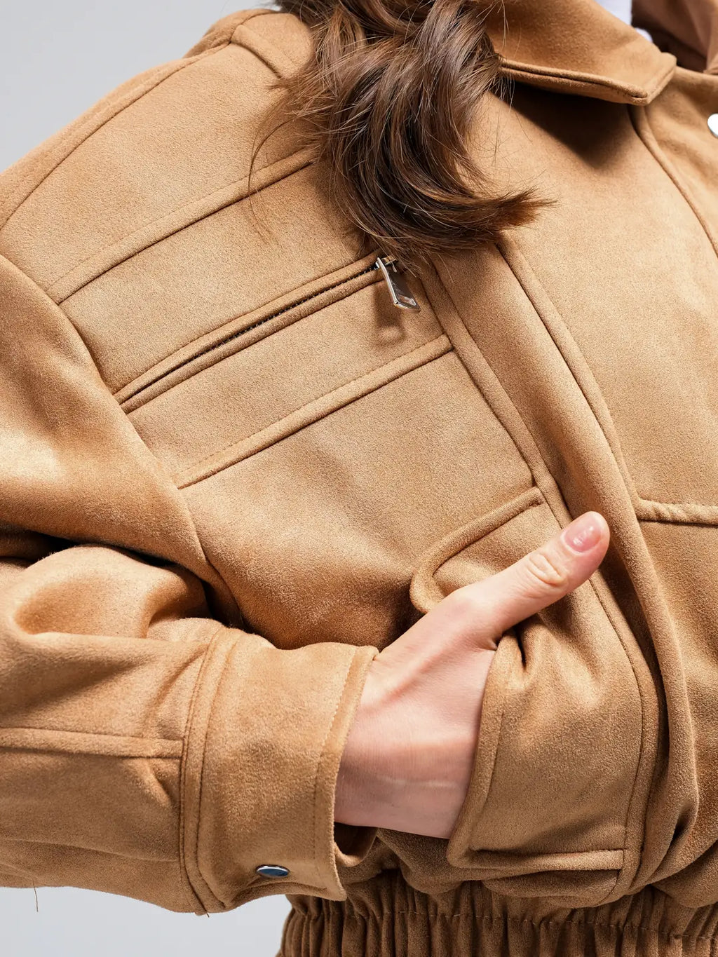 Camel Suede Bomber Ceket