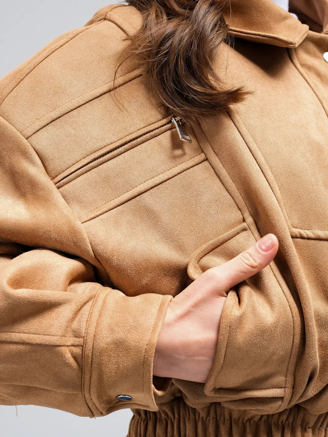 Camel Suede Bomber Ceket