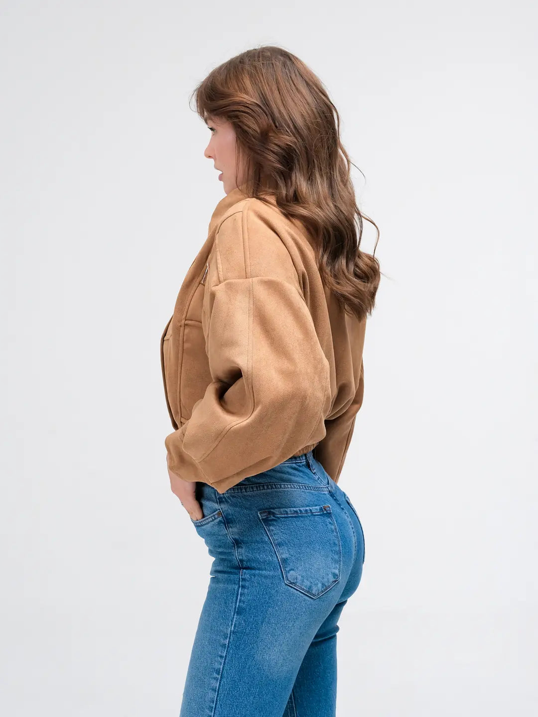 Camel Suede Bomber Ceket